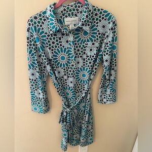 Donna Morgan Blue Green Geo Print Jersey Knit tie waist Dress Size 8